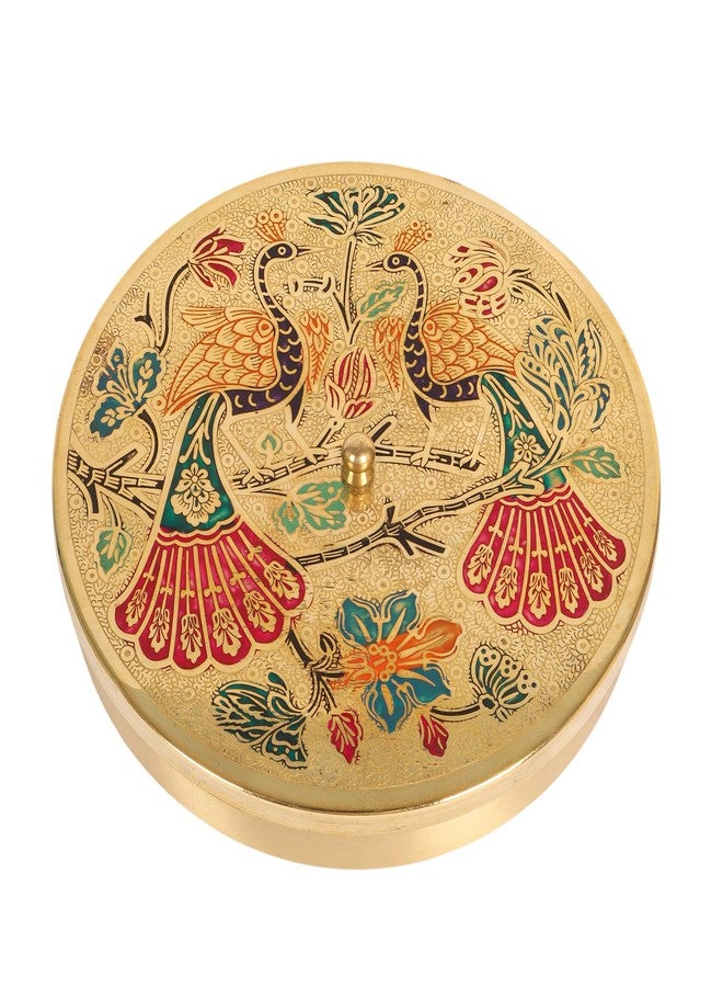 Two Moustaches 8 Inches Twin Peacock Carved Brass Spices Box Set, Brass Masala Box for Kitchen, Housewarming Gifts, 7 Containers & 1 Spoon, Multicolored, Pack of 1 - Image 4